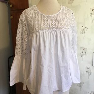Sharagano White Eyelet Lace Boho Bell Sleeve Peasant Whimsigoth Top Size S